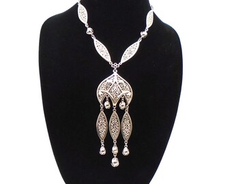 Vintage Silver Tone 1950's Chandelier Filigree Necklace with Dangling 6" Pendant, Art Deco Style, 16" Chain
