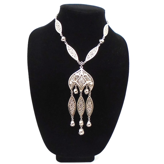Vintage Art Deco Chandelier Necklace: Silver Tone Filigree Pendant, 1950s