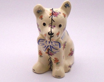 Vintage Flowers / Stitch Work Ceramic Dog with Bowtie
