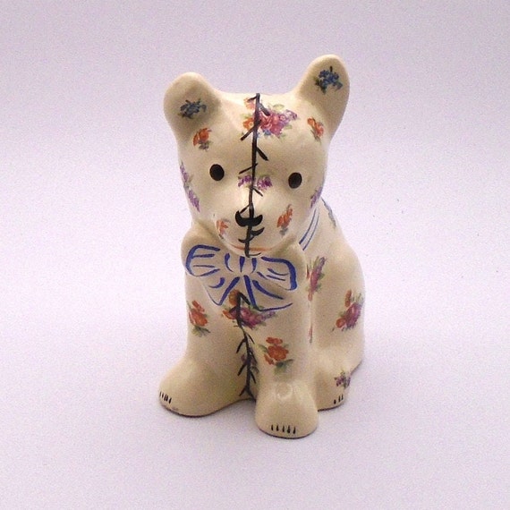 Vintage Flowers / Stitch Work Ceramic Dog with Bowtie