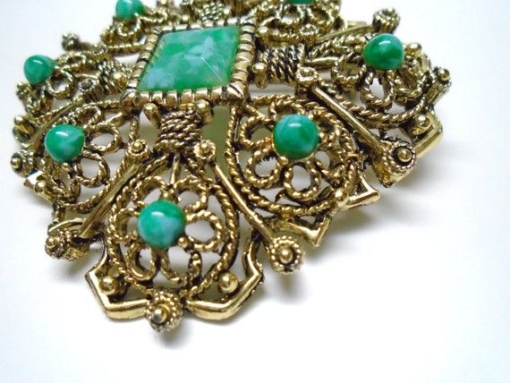 Vintage Metal and Faux Jade Brooch - image 2