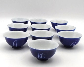 Vintage Hand-Painted Japanese Sake Cups: Blue and White Porcelain Set
