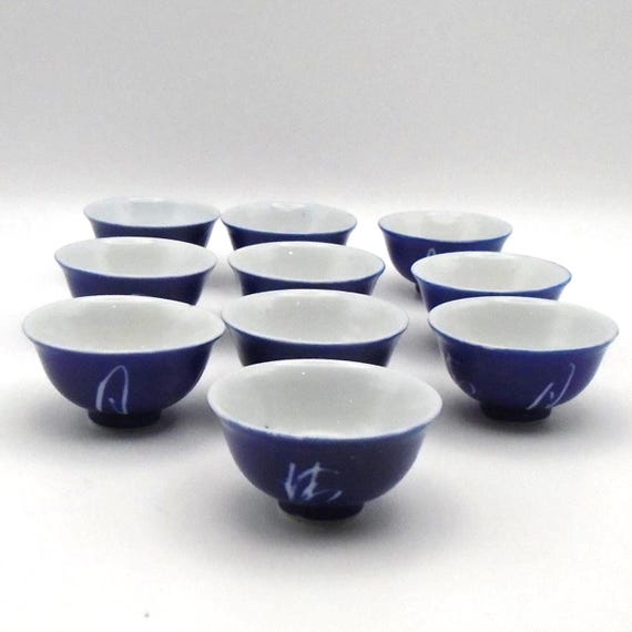 Vintage Hand-Painted Japanese Sake Cups: Blue and White Porcelain Set