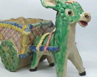 Vintage 1950-60's Large "Donkey Pulling A Cart" Clay/Earthenware Planter - Hand Painted, Made in Italy