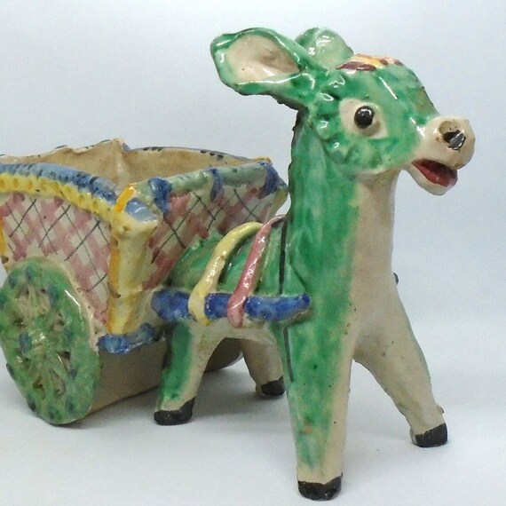 Vintage Donkey Cart Planter: Hand-Painted Italian Earthenware, 1950s-60s