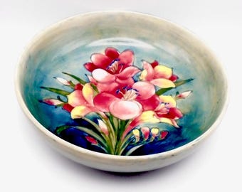 Moorcroft Hand-Painted Freesia Bowl, 10-3/4" Signed  By Walter Moorcroft, Made in England, Circa 1940's