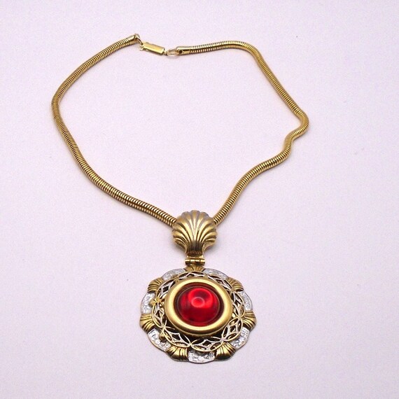 Vintage Gold and Silver Tone Necklace with Red Stone Medallion with Scallop Shell Connector