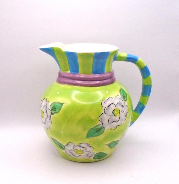 Vintage Essex Collection "Flora Dora" Pitcher, By Heather Outlaw, Blue and Green Floral Pattern