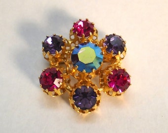 Vintage STAR Goldtone and Multi-Colored Rhinestone Brooch Made in Austria