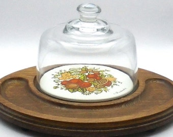 Vintage Mid-Century Modern Wooden and Ceramic Cheese/Charcuterie with Glass Cloche