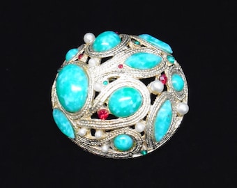 Vintage Faux Turquoise, Pearls, Emerald & Ruby Brooch/Pendant
