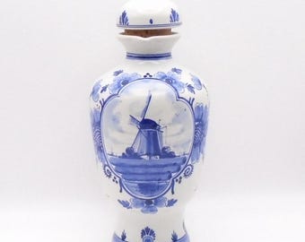Vintage Delft Blue Porcelain Decanter "Herman Jansen Distillers" of Scheidam, Holland