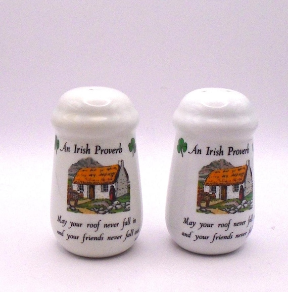 Vintage Irish Proverb Salt and Pepper Shaker Set: Shamrock Kitchen Decor