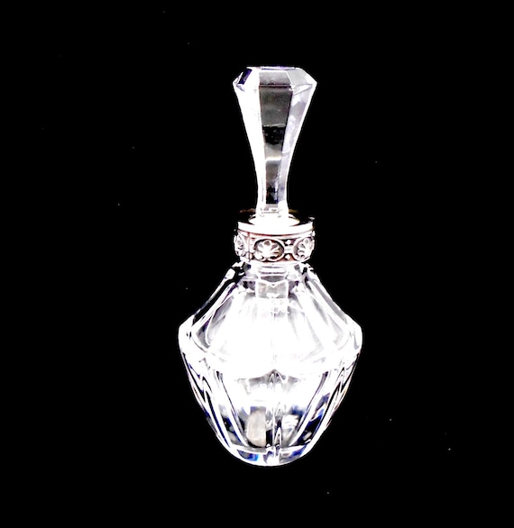 Vintage Glass Perfume Bottle, Silver Band with Intricate Design, Glass Stopper / Applicator