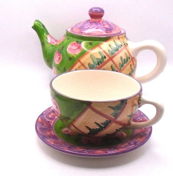 Vintage Nancy Calhoun Apple Patch Tea Set: Teapot, Cup & Saucer