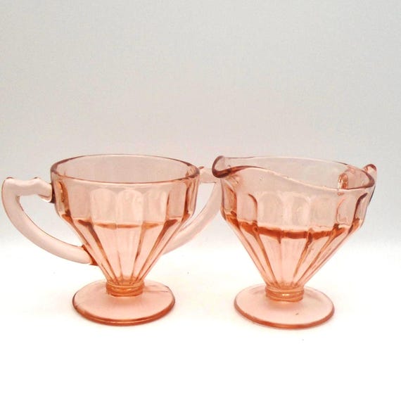 Vintage Pink "Egg Harbor" Pattern Depression Glass Footed Sugar and Creamer, Circa 1929, Depression Era, Made by Liberty Works Glass, USA