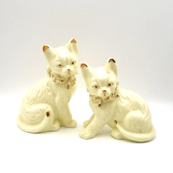 Vintage Baum Bros Porcelain Cat Figurines: Cream & Gold Formalities, 1980s