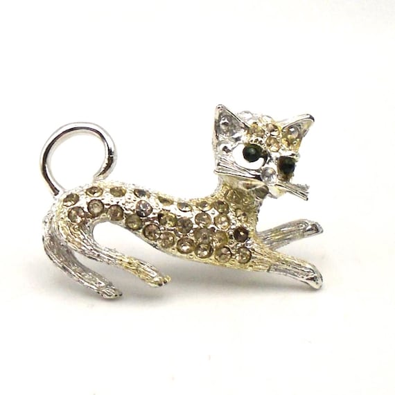 Vintage Rhinestone Cat Brooch: Silver Tone Figural Pin, 1960s-70s