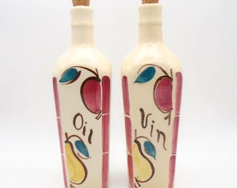 Vintage 1940-50's Purinton Pottery Oil and Vinegar bottles, Hand-decorated Apple & Pear Design, Wellesville, Ohio