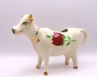 Vintage  Red Tulip Motif Cow Creamer/ Pitcher, Farmhouse/Vintage Kitchen Decor