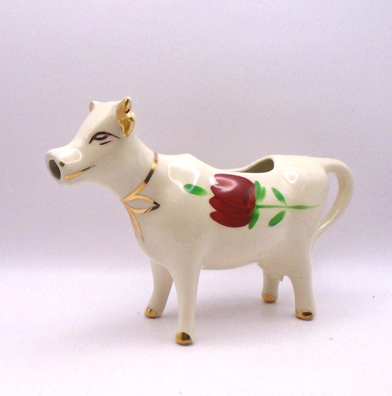 Vintage  Red Tulip Motif Cow Creamer/ Pitcher, Farmhouse/Vintage Kitchen Decor