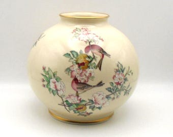 Vintage Lenox "Serenade" Hand-Decorated Globe Vase with Birds Perched on Flowering Branches and 24Kt Gold Trim, Made in USA, Circa 1980's