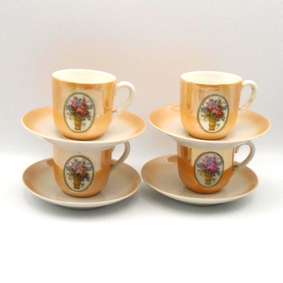 Vintage Leuchtenburg Luster Ware Demitasse Set: Floral Tea Cups, Germany, 1940s