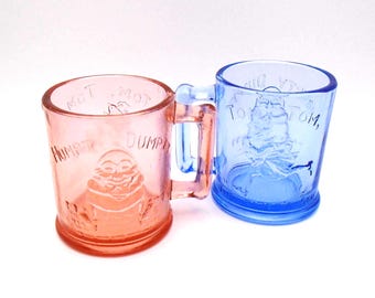 Vintage Tiara Indiana Glass 1970's Nursery Rhyme "Humpty Dumpty and Tom Tom the Piper's Son" Glass Mugs