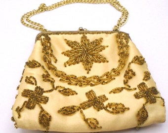 Vintage Adele of Miami, Florida Gold Satin Beaded Evening / Cocktail Purse with Kiss Lock Closure and Double Goldtone Chain