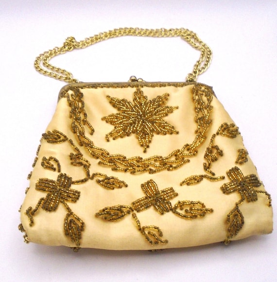 Vintage Adele of Miami Florida Gold Satin Beaded Evening Cocktail Purse With Kiss Lock Closure and Double Goldtone Chain Etsy