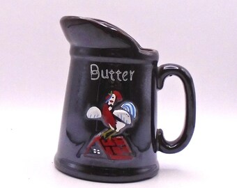 Vintage 1950's Redware Brown Lusterware Butter Pitcher, Hand-Painted Rooster