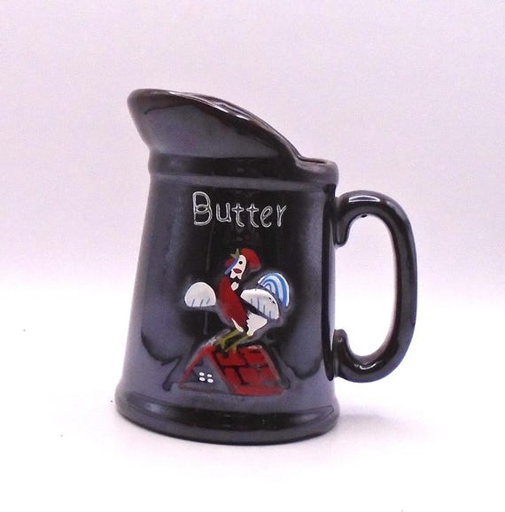 Vintage 1950's Redware Brown Lusterware Butter Pitcher, Hand-Painted Rooster