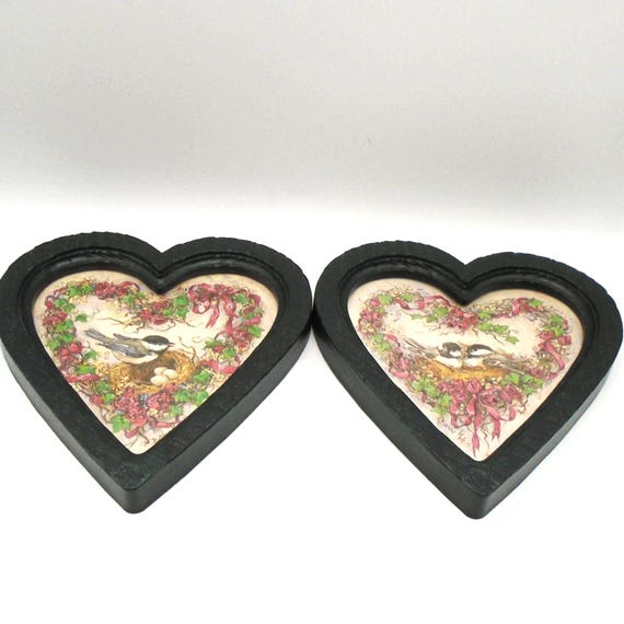 Vintage Heart Frames, Nesting Chickadees Print, Barbara Mock, Circa 1980's, Set of 2