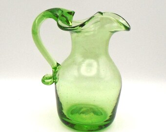 Mid-Century Modern Green Hand-Blown Glass Small Pitcher,Applied Green Handle, Pontil Mark