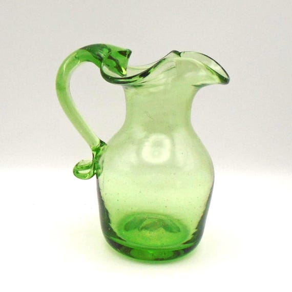 Mid-Century Modern Green Hand-Blown Glass Small Pitcher,Applied Green Handle, Pontil Mark