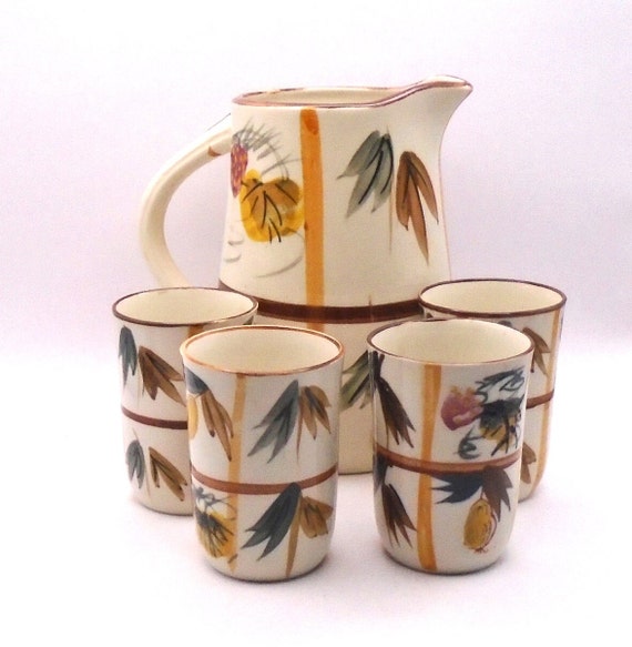 Vintage Hand Painted Pottery Pitcher Set: Abstract Fruit Design, Made in Japan