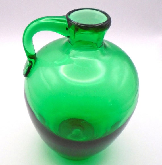 Vintage Mid-Century Modern Art Glass 7" Green Glass Jug