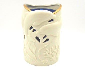 Lenox "Dolphins Undersea Discovery" Candle Holder with Cobalt Blue Insert that Glows, Embossed Dolphins, Circa 2000