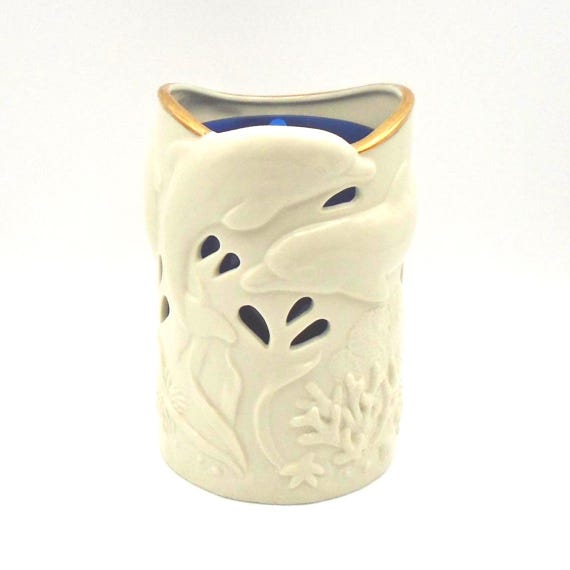 Lenox Dolphin Candle Holder: Embossed Porcelain with Cobalt Blue Insert