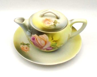 Vintage early 1900's Reinhold Schlegelmilch (RS) Germany Hand-Painted Porcelain Individual Teapot & Saucer Plate, Rose Pattern, Rare Find