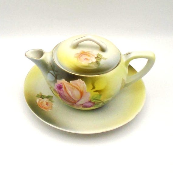 Vintage RS Germany Porcelain Teapot & Saucer: Hand-Painted Rose Design