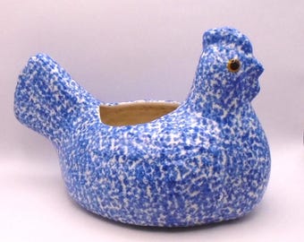 Vintage Blue and White Spongeware Speckled Rooster Planter, Blue and White/Thanksgiving Decor