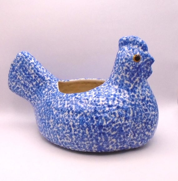 Vintage Blue Spongeware Rooster Planter: Speckled Pottery Decor