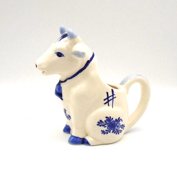 Vintage Blue and White Ceramic Cow Creamer, Farmhouse Kitchen Decor