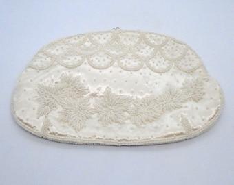 Vintage MCM White Beaded Evening Bag, Hand Made in Japan from Dormar