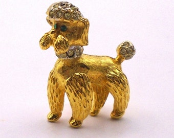 Vintage Poodle Dog Brooch/Pin, Gold Tone Animal Figural with Rhinestones and Green Eyes