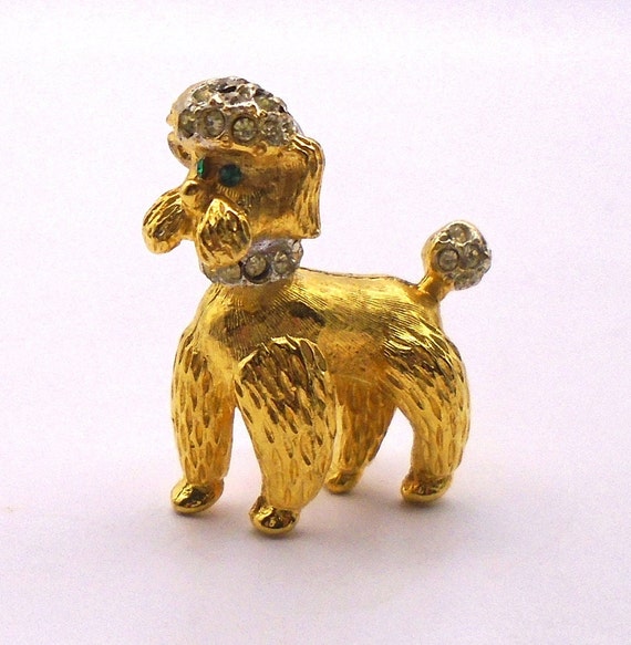 Vintage Poodle Dog Brooch/Pin, Gold Tone Animal Figural with Rhinestones and Green Eyes