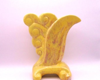 Vintage Gonder Art Pottery Footed Vase, Yellow and Pink Wave and Scrolls Design Circa 1940's - 1950's