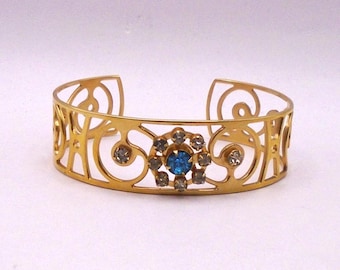 Vintage Gold Plated Cuff Bracelet with Blue and Clear Crystal Rhinestones, Circa 1940's