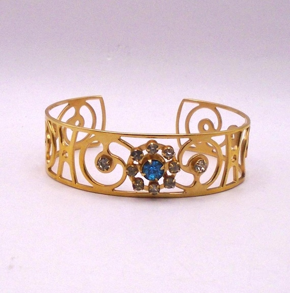 Vintage Gold Plated Cuff Bracelet with Blue and Clear Crystal Rhinestones, Circa 1940's